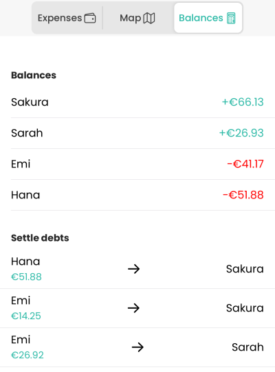 Clear, automatic balance tracking - always know who owes whom and how much.